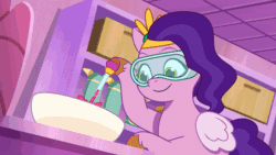 Size: 800x450 | Tagged: safe, imported from derpibooru, screencap, pipp petals, pegasus, pony, spoiler:g5, spoiler:my little pony: tell your tale, spoiler:tyts01e28, abstract background, animated, bathroom, bowl, flying, g5, gif, goggles, headband, magic, mistakes were made, motion lines, my little pony: tell your tale, pipsqueaks forever, potion, safety goggles, solo, speed lines, split screen, surprised, two sides, wings, youtube link