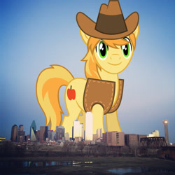 Size: 1600x1600 | Tagged: safe, artist:floppychiptunes, artist:jaredking779, imported from derpibooru, braeburn, earth pony, pony, clothes, dallas, giant pony, giant/macro earth pony, hat, highrise ponies, irl, macro, male, mega giant, photo, ponies in real life, smiling, solo, stallion, texas, vest