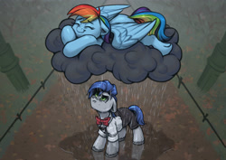 Size: 3508x2480 | Tagged: safe, artist:amishy, imported from derpibooru, rainbow dash, oc, earth pony, pegasus, pony, autumn, clothes, cloud, cute, dashabetes, duo, eyes closed, female, high res, looking up, lying down, lying on a cloud, male, mare, on a cloud, prone, rain, raincloud, smiling, sploot, stallion, unamused, unshorn fetlocks, wings