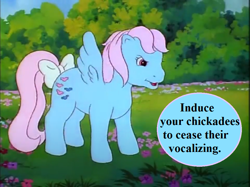 Size: 961x720 | Tagged: safe, edit, edited screencap, imported from derpibooru, screencap, wind whistler, mish mash melee, my little pony 'n friends, bow, g1, implied vulgar, pun, reaction image, sesquipedalian loquaciousness, speech, speech bubble, tail, tail bow, talking