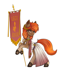 Size: 1402x1600 | Tagged: safe, artist:tanatos, imported from derpibooru, oc, oc only, oc:autumn breeze, earth pony, pony, fanfic:the centurion project, banner, caligai, clothes, simple background, solo, standard, toga, white background, wreath