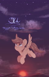 Size: 2614x4096 | Tagged: safe, artist:melodylibris, imported from derpibooru, oc, oc only, pegasus, pony, collaboration, commission, female, flying, looking up, mare, solo, spread wings, sunset, text, wings, your character here