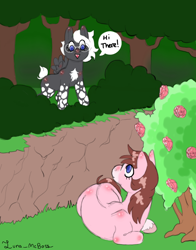 Size: 656x836 | Tagged: safe, artist:luna_mcboss, imported from derpibooru, oc, oc only, oc:double stuff, oc:yamire, clydesdale, earth pony, pegasus, pony, blank flank, blaze (coat marking), blue eyes, brown mane, chest fluff, coat markings, complex background, duo, earth pony oc, facial markings, feathered wings, female, filly, flower, foal, forest, glasses, gray coat, mottled coat, pegasus oc, pink coat, rose, short mane, socks (coat markings), spread wings, unshorn fetlocks, white mane, wings