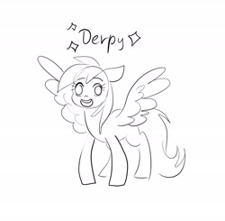 Size: 2048x2005 | Tagged: safe, artist:katputze, imported from derpibooru, derpy hooves, pegasus, pony, black and white, cute, derpabetes, female, grayscale, looking at you, mare, monochrome, name, open mouth, open smile, simple background, sketch, smiling, smiling at you, solo, sparkles, spread wings, white background, wings