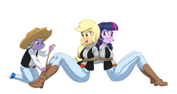 Size: 5256x2798 | Tagged: safe, artist:carnifex, imported from derpibooru, applejack, spike, twilight sparkle, human, equestria girls, belt, bondage, boots, clothes, cowboy boots, cowboy hat, denim, female, hat, high heel boots, human spike, humanized, jeans, male, pants, shirt, shoes, simple background, smiling, trio, vest, white background