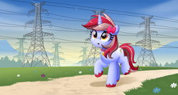 Size: 1502x800 | Tagged: safe, artist:jhayarr23, imported from derpibooru, oc, oc only, oc:cinnamon lightning, pony, unicorn, bow, commission, female, flower, hair bow, mare, open mouth, power line, solo, walking