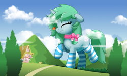 Size: 1343x800 | Tagged: safe, artist:jhayarr23, imported from derpibooru, oc, oc only, oc:kazumi, oc:soft melody, pegasus, pony, unicorn, boop, clothes, cloud, commission, cute, eyes closed, female, floppy ears, forest, giant pony, horn, house, macro, mare, mountain, nose wrinkle, ocbetes, pegasus oc, raised hoof, raised leg, scrunchy face, smiling, socks, striped socks, tree, unicorn oc