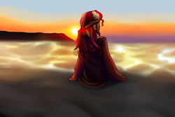 Size: 1800x1200 | Tagged: safe, artist:zeng_shuai_qi, imported from derpibooru, sunset shimmer, human, equestria girls, beach, clothes, evening, female, jacket, scenery, solo, sunset
