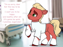 Size: 2706x2048 | Tagged: safe, artist:dancingkinfiend, derpibooru exclusive, imported from derpibooru, sprout cloverleaf, earth pony, pony, blonde, blonde hair, blonde mane, blonde tail, caption, coat markings, colored hooves, comic, conversation, doctor, frown, g5, green eyes, high res, hooves, hospital, hospital gown, image macro, male, medical, my little pony: a new generation, needle, raised hoof, red fur, sad, scared, socks (coat markings), solo, speech, speech bubble, stallion, surgery, tail, talking, text, wavy hair, wavy mane, wavy tail