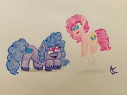 Size: 2048x1536 | Tagged: safe, artist:jesslmc16, imported from derpibooru, izzy moonbow, pinkie pie, earth pony, pony, unicorn, alternate hairstyle, colored, colored pencil drawing, drawing, duo, duo female, female, g4, g5, jumping, mane swap, smiling, the new pinkie pie, traditional art