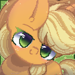 Size: 2000x2000 | Tagged: safe, artist:miryelis, imported from derpibooru, applejack, earth pony, pony, big ears, big eyes, cute, hat, jackabetes, looking at you, pixel art, simple background, smiling, smiling at you, solo, sparkles