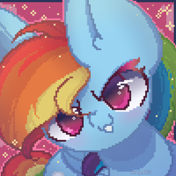 Size: 2000x2000 | Tagged: safe, artist:miryelis, imported from derpibooru, rainbow dash, pegasus, pony, big ears, big eyes, cute, multicolored hair, pixel art, rainbow hair, simple background, solo, sparkles, wings