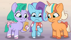 Size: 3410x1920 | Tagged: safe, imported from derpibooru, screencap, earth pony, pegasus, pony, unicorn, spoiler:g5, spoiler:my little pony: tell your tale, spoiler:tyts01e28, cellphone, female, filly, foal, frown, g5, glory (g5), high res, my little pony: tell your tale, peach fizz, phone, pippsqueak trio, pippsqueaks, pippsqueaks forever, seashell (g5), smartphone, trio, trio female, youtube link