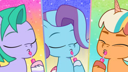 Size: 3410x1920 | Tagged: safe, imported from derpibooru, screencap, earth pony, pegasus, pony, unicorn, spoiler:g5, spoiler:my little pony: tell your tale, spoiler:tyts01e28, eyes closed, female, filly, foal, g5, glory (g5), high res, kissy face, my little pony: tell your tale, peach fizz, pippsqueak trio, pippsqueaks, pippsqueaks forever, seashell (g5), trio, trio female, youtube link