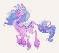 Size: 1192x1072 | Tagged: safe, artist:happyhaydayy, imported from derpibooru, izzy moonbow, pony, unicorn, g5, painting, saddle, smiling, solo, tack, traditional art, watercolor painting