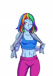 Size: 1448x2048 | Tagged: safe, artist:brother-tico, imported from derpibooru, rainbow dash, human, equestria girls, belly button, breasts, clothes, female, midriff, one eye closed, simple background, small breasts, solo, sports bra, sweat, sweatband, towel, white background