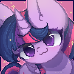 Size: 2000x2000 | Tagged: safe, artist:miryelis, imported from derpibooru, twilight sparkle, alicorn, pony, :3, big ears, big eyes, blushing, colored pupils, cute, horn, looking at you, pink background, pixel art, simple background, smiling, smiling at you, solo, sparkles, twiabetes, twilight sparkle (alicorn), wings