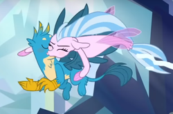 Size: 662x436 | Tagged: safe, edit, edited screencap, editor:horsesplease, imported from derpibooru, screencap, gallus, silverstream, griffon, seapony (g4), what lies beneath, cropped, duo, eyes closed, female, gallstream, kiss edit, kissing, male, seapony silverstream, shipping, silverstream hugs gallus, straight, tackle hug