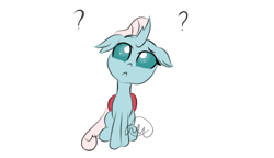 Size: 1735x1000 | Tagged: safe, artist:girlduog, imported from derpibooru, ocellus, changeling, confused, cute, diaocelles, female, floppy ears, front view, head tilt, question mark, raised eyebrow, simple background, sitting, solo, watermark, white background