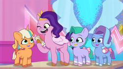 Size: 3410x1920 | Tagged: safe, imported from derpibooru, screencap, pipp petals, earth pony, pegasus, pony, unicorn, spoiler:g5, spoiler:my little pony: tell your tale, spoiler:tyts01e28, cellphone, female, filly, foal, g5, glory (g5), high res, mare, my little pony: tell your tale, one eye closed, open mouth, open smile, peach fizz, phone, pippsqueak trio, pippsqueaks, pippsqueaks forever, seashell (g5), smartphone, smiling, wink, youtube link