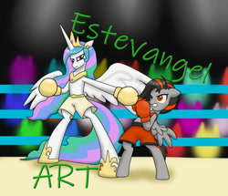 Size: 964x829 | Tagged: safe, artist:estevangel, imported from derpibooru, princess celestia, oc, oc:dusk strike, alicorn, anthro, pegasus, unguligrade anthro, boxing, boxing gloves, boxing ring, clothes, female, hooves, sports