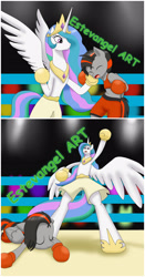 Size: 1280x2450 | Tagged: safe, artist:estevangel, imported from derpibooru, princess celestia, oc, oc:dusk strike, alicorn, anthro, pegasus, unguligrade anthro, boxing, boxing gloves, boxing ring, clothes, female, knocked out, sports