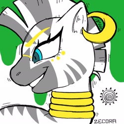 Size: 2048x2048 | Tagged: safe, artist:usapipoyoyo, imported from derpibooru, zecora, zebra, bust, female, green background, simple background, solo, white background