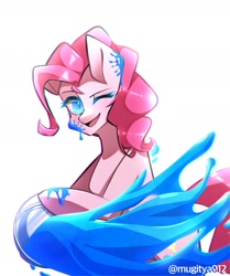 Size: 1536x1836 | Tagged: safe, artist:mugitya012, imported from derpibooru, pinkie pie, earth pony, pony, semi-anthro, female, hoof hold, looking at you, mare, one eye closed, open mouth, paint, simple background, solo, white background