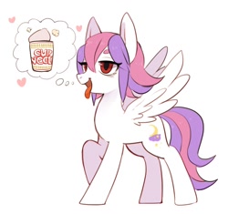 Size: 950x894 | Tagged: safe, artist:hosikawa, imported from derpibooru, oc, oc only, pegasus, pony, cup noodles, female, heart, mare, open mouth, pegasus oc, ponysona, raised hoof, simple background, solo, spread wings, thought bubble, tongue out, white background, wings