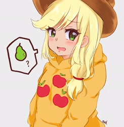 Size: 2008x2048 | Tagged: safe, artist:moh_mlp2, imported from derpibooru, applejack, human, applejack's hat, clothes, cowboy hat, cute, cutie mark on clothes, female, food, hat, hoodie, humanized, jackabetes, jacket, looking at you, mare, open mouth, pear, question mark, simple background, solo, speech bubble, white background