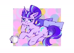 Size: 1754x1240 | Tagged: safe, artist:stacy_165cut, imported from derpibooru, starlight glimmer, pony, unicorn, abstract background, butt, cup, cute, dock, female, glimmerbetes, horn, lidded eyes, looking at you, lying down, mare, on side, pillow, plot, s5 starlight, simple background, solo, tail, underhoof, white background