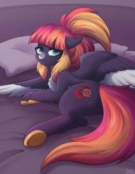 Size: 1776x2277 | Tagged: safe, artist:alunedoodle, imported from derpibooru, oc, oc:sunrise virtue, pegasus, pony, bed, bedroom eyes, butt, commission, on bed, pegasus oc, plot, solo, ych result