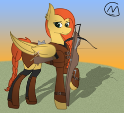 Size: 2472x2256 | Tagged: safe, artist:maître cervidé, imported from derpibooru, oc, oc:flame fever, pegasus, armor, axe, braid, crossbow, leather, leather armor, long mane, scar, tail, weapon, wings