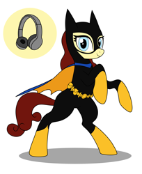 Size: 2160x2650 | Tagged: safe, artist:metal-jacket444, imported from derpibooru, earth pony, pony, barbara gordon, batgirl, batman, clothes, cutie mark, dc comics, headphones, mask, ponified, simple background, solo, staff, white background