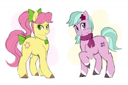 Size: 1427x947 | Tagged: safe, artist:saddleup4love, imported from derpibooru, earth pony, pony, adoraposey, adordahlia, bow, clothes, cute, dahlia, duo, female, flower, flower in hair, g5, grumpy, hair bow, jewelry, mare, my little pony: make your mark, necklace, ponytail, posey bloom, raised hoof, scarf, smiling, tail, tail bow