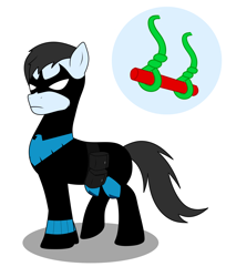 Size: 2160x2650 | Tagged: safe, artist:metal-jacket444, imported from derpibooru, earth pony, pony, batman, clothes, cutie mark, dc comics, dick grayson, mask, nightwing, ponified, simple background, solo, staff, swing, trapeze, white background