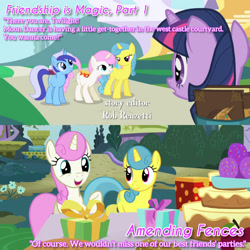 Size: 1920x1920 | Tagged: safe, edit, edited screencap, editor:itsmgh1203, imported from derpibooru, screencap, lemon hearts, minuette, twilight sparkle, twinkleshine, pony, unicorn, amending fences, friendship is magic, season 1, season 5, bag, book, cake, comparison, female, food, mare, open mouth, open smile, present, saddle bag, smiling, text, unicorn twilight