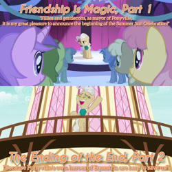 Size: 1920x1920 | Tagged: safe, edit, edited screencap, editor:itsmgh1203, imported from derpibooru, screencap, amethyst star, dizzy twister, mayor mare, mjölna, oakey doke, orange swirl, sparkler, earth pony, pony, unicorn, friendship is magic, season 1, season 9, the ending of the end, spoiler:s09, eyes closed, female, male, mare, open mouth, open smile, ponyville town hall, smiling, stallion, text