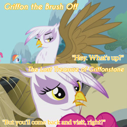 Size: 1920x1920 | Tagged: safe, edit, edited screencap, editor:itsmgh1203, imported from derpibooru, screencap, gilda, pinkie pie, rainbow dash, earth pony, griffon, pegasus, pony, griffon the brush off, season 1, season 5, the lost treasure of griffonstone, female, mare, spread wings, text, trio, trio female, wings