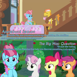 Size: 1920x1920 | Tagged: safe, edit, edited screencap, editor:itsmgh1203, imported from derpibooru, screencap, apple bloom, carrot cake, cup cake, scootaloo, sweetie belle, earth pony, pegasus, pony, unicorn, applebuck season, season 1, season 9, the big mac question, spoiler:s09, apple bloom's bow, bow, cutie mark crusaders, eyes closed, female, filly, foal, grin, hair bow, male, mare, mouth hold, open mouth, open smile, smiling, stallion, sugarcube corner, text