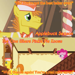 Size: 1920x1920 | Tagged: safe, edit, edited screencap, editor:itsmgh1203, imported from derpibooru, screencap, carrot cake, pinkie pie, earth pony, pony, applebuck season, season 1, season 5, the one where pinkie pie knows, duo, duo male and female, female, grin, male, mare, smiling, stallion, sugarcube corner, text