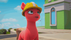 Size: 800x450 | Tagged: safe, imported from derpibooru, screencap, sprout cloverleaf, earth pony, pony, spoiler:g5, spoiler:my little pony: make your mark chapter 2, spoiler:myms01e02, animated, clothes, g5, growing pains, hard hat, hat, littering, male, my little pony: make your mark, my little pony: make your mark chapter 2, solo, stallion, sticker
