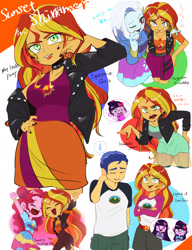 Size: 1851x2408 | Tagged: safe, artist:ameame_trine, imported from derpibooru, flash sentry, pinkie pie, sci-twi, sunset shimmer, trixie, twilight sparkle, human, equestria girls, equestria girls (movie), equestria girls series, forgotten friendship, friendship games, legend of everfree, sunset's backstage pass!, spoiler:eqg series (season 2), arms in the air, choker, clothes, cravat, geode of empathy, geode of sugar bombs, hands in the air, hoodie, jacket, leather, leather jacket, legs, lipstick, magical geodes, nail polish, one eye closed, sad, shirt, shorts, skirt, sleeveless, sleeveless shirt, speech bubble, sweat, sweatdrop, t-shirt, teary eyes, wink