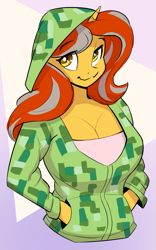 Size: 663x1061 | Tagged: safe, artist:ahobobo, imported from derpibooru, oc, oc:cinderheart, anthro, unicorn, anthro oc, big breasts, breasts, busty oc, cleavage, clothes, creeper, female, hand in pocket, hoodie, horn, long mane, looking at you, mare, minecraft, simple background, solo, unicorn oc, waist up