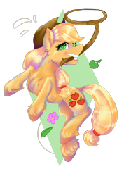 Size: 1754x2480 | Tagged: safe, artist:dankpegasista, imported from derpibooru, applejack, earth pony, pony, apple, dynamic pose, element of honesty, flower, food, geometry, hat, lasso, leaf, mouth hold, multicolored hair, rope, simple background, solo, tied hair, transparent background