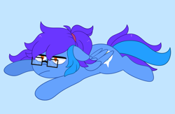 Size: 1783x1166 | Tagged: safe, artist:emera33, imported from derpibooru, oc, oc only, oc:angley, pegasus, pony, commission, female, glasses, hair tie, lying down, mare, ponytail, potat, prone, simple background, solo, sploot, tired, ych result