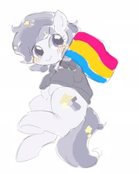 Size: 1640x2048 | Tagged: safe, artist:ginmaruxx, imported from derpibooru, oc, oc only, earth pony, pony, blushing, clothes, flag, looking at you, pansexual pride flag, pride, pride flag, simple background, solo, underhoof, white background