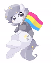 Size: 1640x2048 | Tagged: safe, artist:ginmaruxx, imported from derpibooru, oc, oc only, earth pony, pony, blushing, clothes, eye clipping through hair, flag, looking at you, pansexual pride flag, pride, pride flag, simple background, solo, underhoof, white background