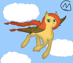 Size: 3200x2777 | Tagged: safe, artist:maître cervidé, imported from derpibooru, oc, oc:flame ferver, bat pony, cloud, flying, long mane, scar, sky, solo, tail