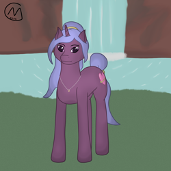 Size: 3200x3200 | Tagged: safe, artist:maître cervidé, imported from derpibooru, oc, unicorn, cliff, collar, lake, solo, water, waterfall